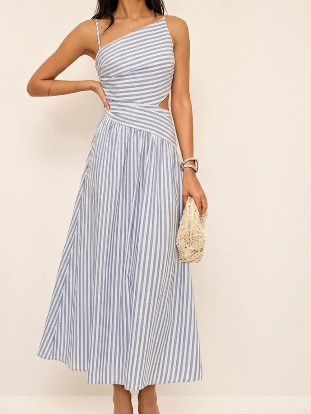 Commense Blue and White Striped Asymmetrical Cut-Out Maxi Dress